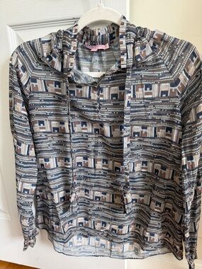 Calypso St. Barth Geometric Print Hooded Blouse in Navy, Beige & Brown